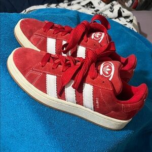 Adidas Campus Red and White Suede Sneakers